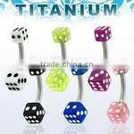 Titanium G23 Banana Belly Ring (14g, 3/8") With Two UV Dice - 4mm + 5mm thumbnail-1