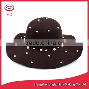 Brown / Blue / Black Color Large Brim Floppy Hat With Pearl thumbnail-1