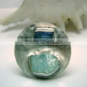 Aquamarine & Blue Kyanite Rough Natural Gemstone Ring, 925 Solid Sterling Silver Ring, Designer Raw Bowl Shaped Ring thumbnail-1