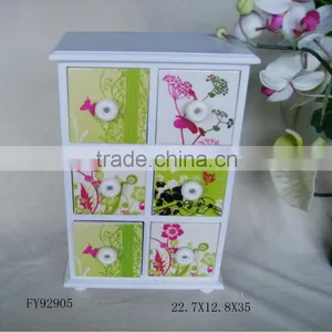 Pearl White Lacquer Wood Six Drawer Storage Box With Flower Design thumbnail-1