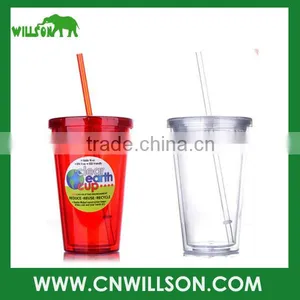 New Design for 2016! 500ml Double Wall Plastic Tumbler With Straw thumbnail-1