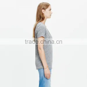 Slub V-neck Ladies t Shirt With Pocket thumbnail-3