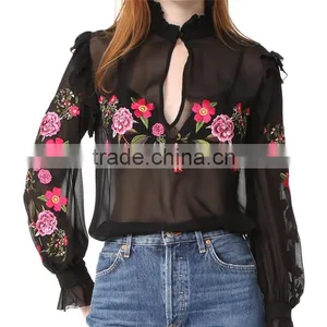 2017 OEM Peony Embroidered Silk-chiffon Button Keyhole Ruffle Blouse thumbnail-2