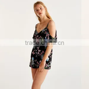 2017 Sexy V-neck and Bare Shoulder Ladies Short Floral Printed Jumpsuit thumbnail-3