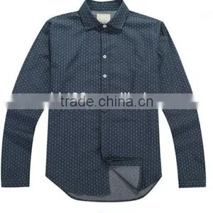 Latest Blue 100% Cotton Cowboy/jeanet Long Sleeve Casual Shirts for Men With Dots and Spread Collar thumbnail-2