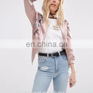 2016 Fashion Women Embroidered Satin Bomber Jacket Wholesale thumbnail-2