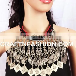 Afghan Boho Gypsy Jewelry - Designer Vintage Afghan Old Coin Necklace -Vintage Kuchi Coin Choker Necklace Set thumbnail-1