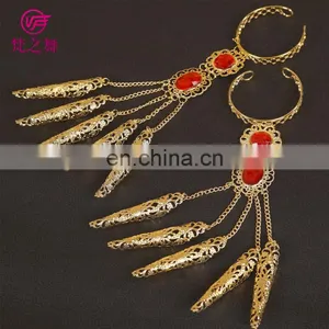 Tribal Indian Style Stage Gold Long Belly Dance Finger Ring Bracelet Jewelry P-9042# thumbnail-3