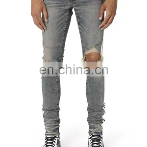 DiZNEW Dirty Indigo White Side Broken Track Ripped Denim Jeans Men thumbnail-3