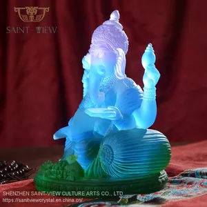 Luxury Pate de Verre Handmade Colored Crystal Ganesha Buddha Statue thumbnail-3
