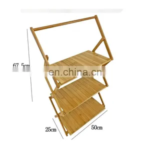 Outdoor Bamboo Wood Picnic Camping Rack Portable With Handle Japanese-style Folding Three-layer Storage Rack thumbnail-4