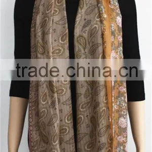 Flower and Paisley Printed Wool Scarf thumbnail-1