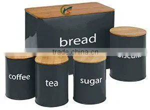 Set of 5 Galvanized Storage Cans With Wood Lid thumbnail-1