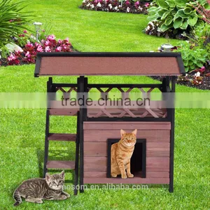 PawHut 2-Story Wood Indoor/Outdoor Cat House -Brown thumbnail-1