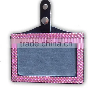 ID Holder With Pink Gem, High Quality Promotion Gift PU Leather Badge Holder With Crystal Gem Decoration thumbnail-1