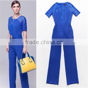 Solid Color Round Neck Short Sleeve High Empire Patch Mesh Women Jumpsuit thumbnail-1