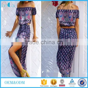 African Kitenge Off Shoulder Printed Two Piece Bohemian Hippie Printed Crop Top and High Side Split Skirt thumbnail-1