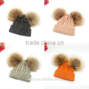 Stylish Kids Double Balls Winter Warm Wholesale Beanie Hats With Raccoon Fur Ball thumbnail-1