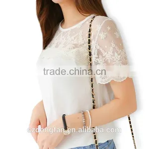 2016 Hot Sale New Summer Lace Collar Chiffon Short Sleeve Blouse Shirt Women Casual Sexy Tops thumbnail-1