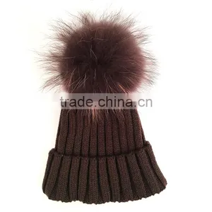 Myfur Men Wool Blend Acrylic Knitted Hat With Fluffy Raccoon Fur Pom Pom thumbnail-2