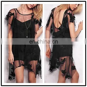 Lace Fabric SeeThrough Style Ballroom Dress Women BlackTulle Backless Sexy Mini Party Dress thumbnail-1