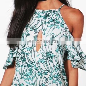 Woven Floral Spaghetti Straps Cold Shoulder Printed Women Mini Dress thumbnail-4