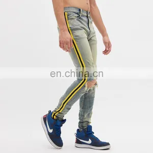 DiZNEW Men's High Stretch Striped Ripped Blue Skinny Side Jeans Man thumbnail-4