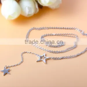 Anniversary Sterling Silver Personalized Double Star Fancy Long Chain Necklace thumbnail-2