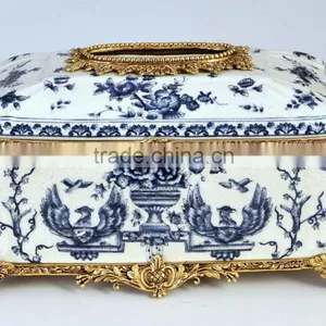 Blue Flower and Birds Paiting Exquisite Brass Decorative Ceramic Tissue Box thumbnail-1