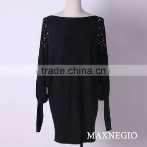 Women Royal Blue Boat Neck Bat Sleeve Sweater Cashmere Sweater Dress thumbnail-1