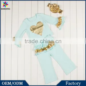 New Design Gold Glitter Children Clothing Sets Easter Chirstmas Suit Cotton Girls Ruffle Pants Outfits thumbnail-1