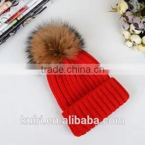 High Quality Cashmere Knitted Hat With Huge Big Fur Pompoms KR-H008 thumbnail-5