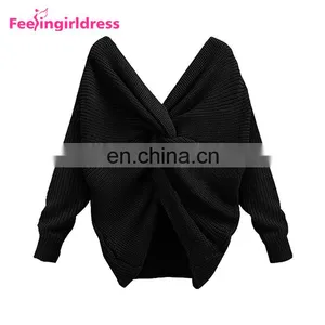 Long Sleeve Blouse Solid Black Backless Knitting Sweaters Knot Design thumbnail-1