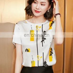 Women Fashion Loose Short Sleeve Summer Print Mulberry Silk Cotton T Shirts thumbnail-2