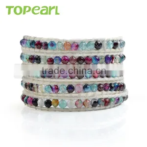 Topearl Jewelry Faceted Round Colorful Agate Fashion Bracelet Woven Leather Wrap Bangle 33.5 Inches CLL139 thumbnail-1