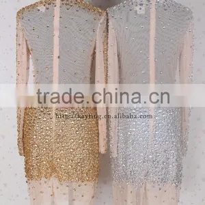 Stunning Sexy Heavy Beaded Long Sleeve Knee Length Round Neck Elegant Yellow Gold Bridesmaid Dresses thumbnail-5