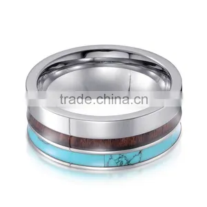 New Wedding Ring Yibi Blue Emerald Stone Wooden Inlay Latest Gold Finger Ring Designs Mens Tungsten Carbide Pary Jewelry Bands thumbnail-3