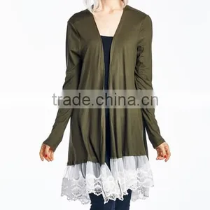 Women Nylon Spandex Stretch Blend Olive Lace Trim Open Cardigan 2017 New Arrival thumbnail-2