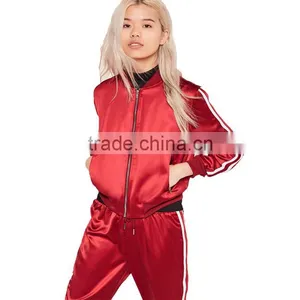 High Quality Custom Silk Flare Red Stripe Panel Satin Bomber Jacket Women Sports Gym Running Active Wear Clothing Set thumbnail-1