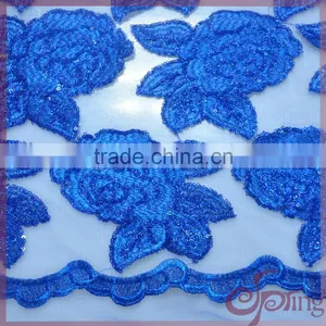 2016 Blue Lace Guipure Glitter Fabric for Evening Fancy Dress With Organza Lace With Sequins thumbnail-2