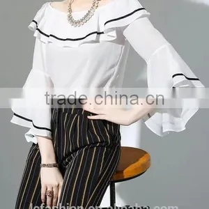 2017 Wholesale Summer Women Big Round Neck Ruffle Sleeve Fashion Chiffon Blouse thumbnail-2