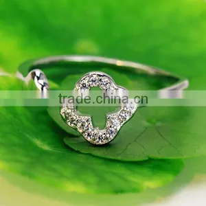 Spritual Charm Accessory Lucky Clover Design Top Zircon Diamond Sterling 925 Silver Open Ring thumbnail-1