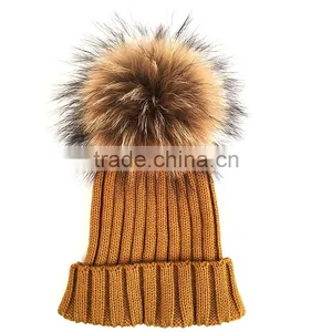 Myfur Detachable Natural Raccoon Fur Pompom Knit Hat Wholesale Winter Cap thumbnail-2
