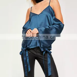 Stylish Sweet Girl Blouses Cold Shoulder Long Sleeve Satin Tops thumbnail-6