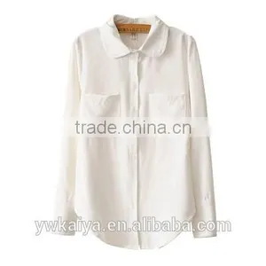 2015 Round Collar Double Chest Pocket White Chiffin Women Blouse thumbnail-1