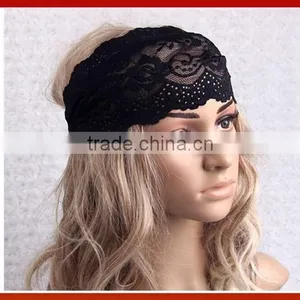 New Design Woman Wide Black Lace Headband/Hot Selling Bohemia Stretchy Lace Pattern Hollow Out Headband Wide Headband thumbnail-1