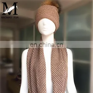 Thick Soft Shawl Fashion Winter Raccoon Fur Pom Hats Long Collar Scarf Hat Glove Sets thumbnail-6