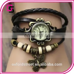 Ms Retro Hand-woven Imitation Leather Bracelet Watch Fashion and Colorful Butterfly Pendant Quartz Watch thumbnail-1
