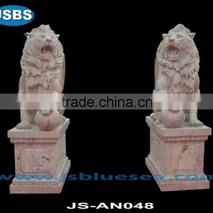 Red Natural Travertine Western Palying Lion Statue thumbnail-1