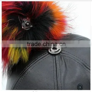 Colorful Raccoon Fur Balls Baseball Caps New Faux Leather Casquette PU Hat for Sport thumbnail-4